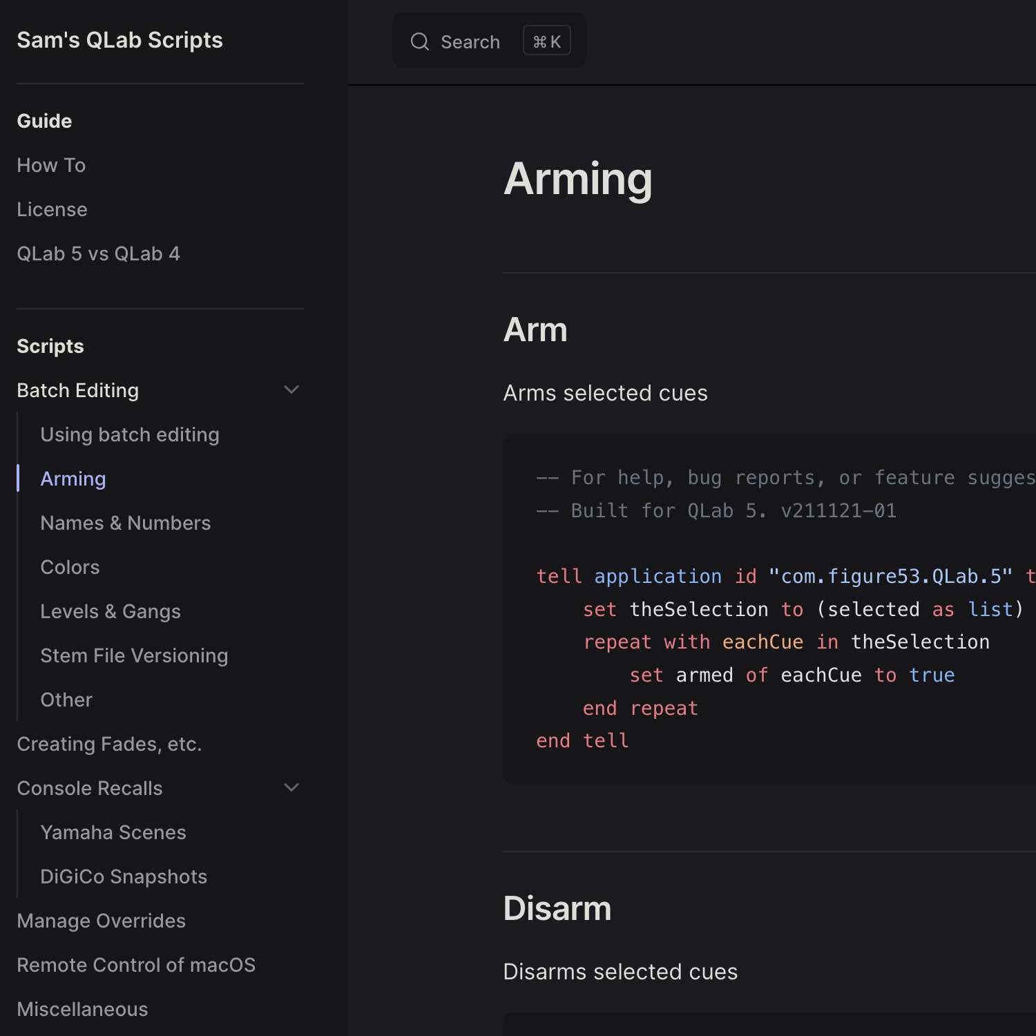 Screenshot of QLab Scripts guide website